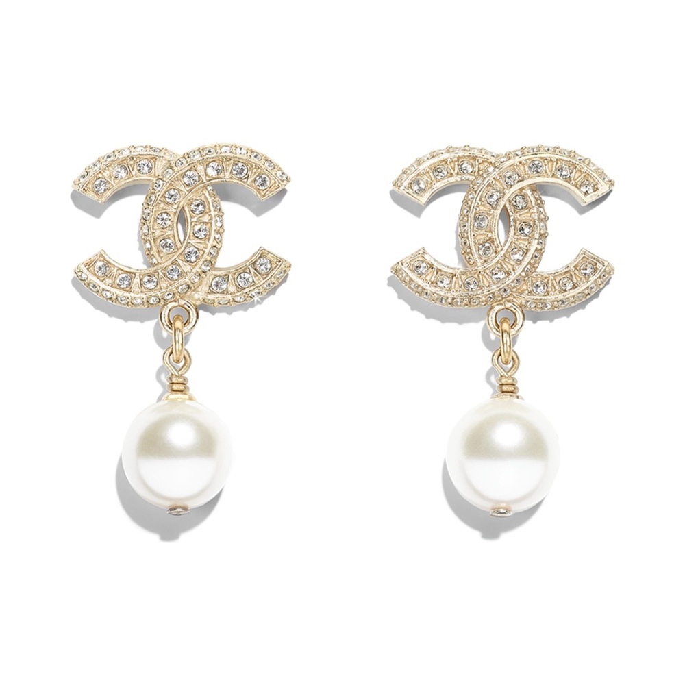 Chanel CC Logo Crystal Earrings Gold Pearl